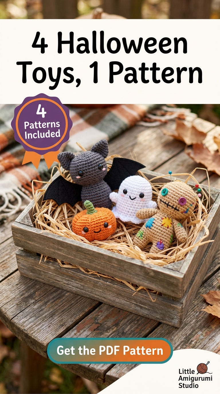 Mini Halloween amigurumi set in a wooden crate: bat, pumpkin, ghost and voodoo doll