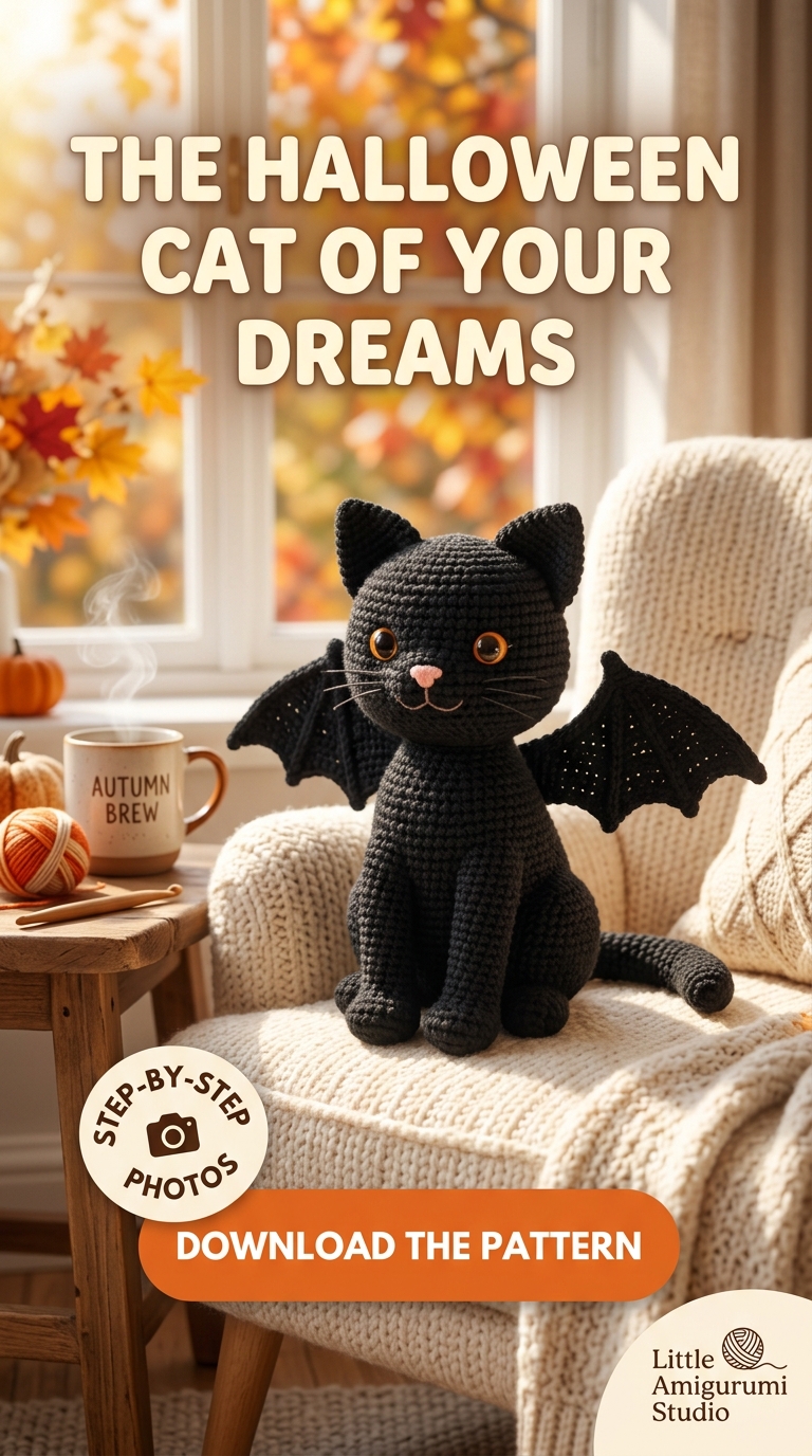 Black amigurumi cat with bat wings, Halloween crochet cat pattern
