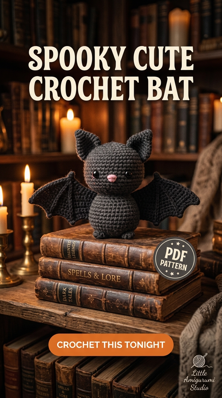 Cute amigurumi bat sitting on a stack of books, crochet bat pattern