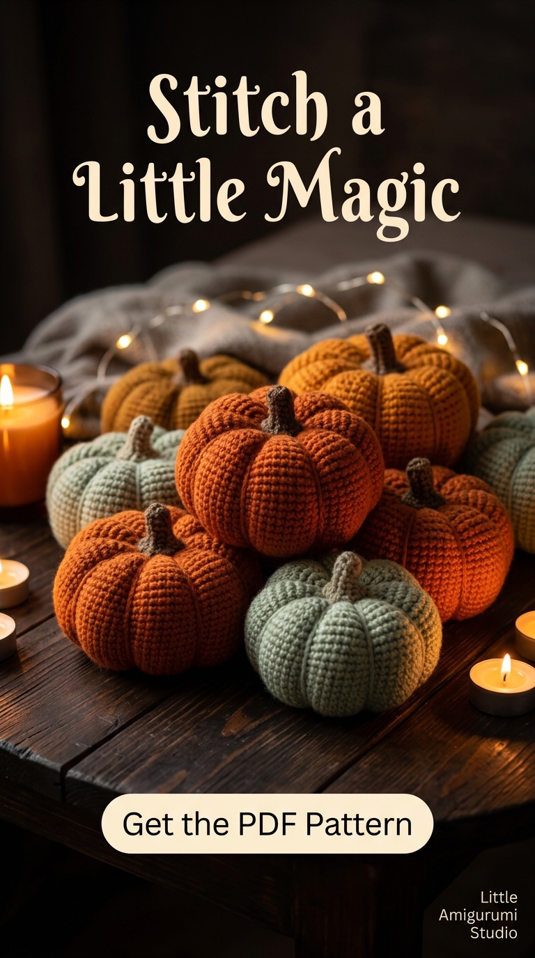 Crochet pumpkins glowing in candlelight, crochet pumpkin pattern in 6 sizes