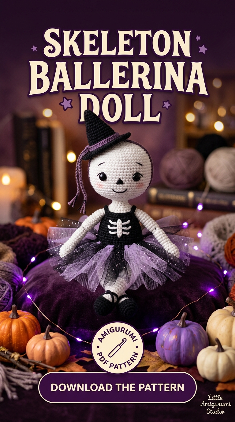 Skeleton ballerina amigurumi doll with a black and lilac tutu, Halloween crochet doll pattern